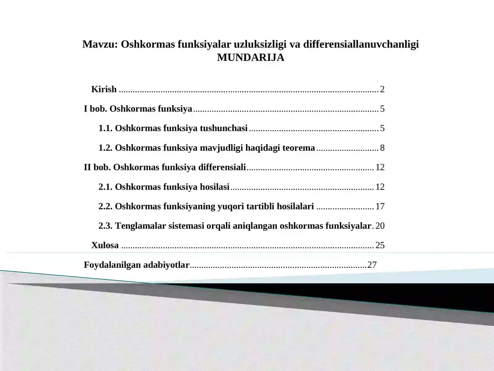 Oshkormas funksiyalar uzluksizligi vadifferensiallanuvchanligi 2
