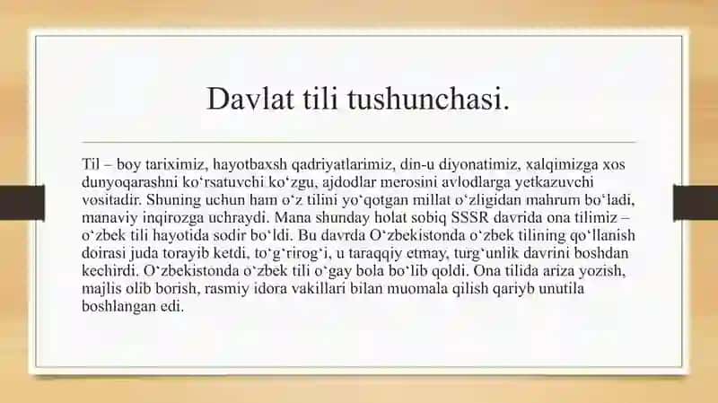 O’zbekiston respublikasining davlat tili to’g’risidagi qonuni va uning tarixiy ahamiyati 2