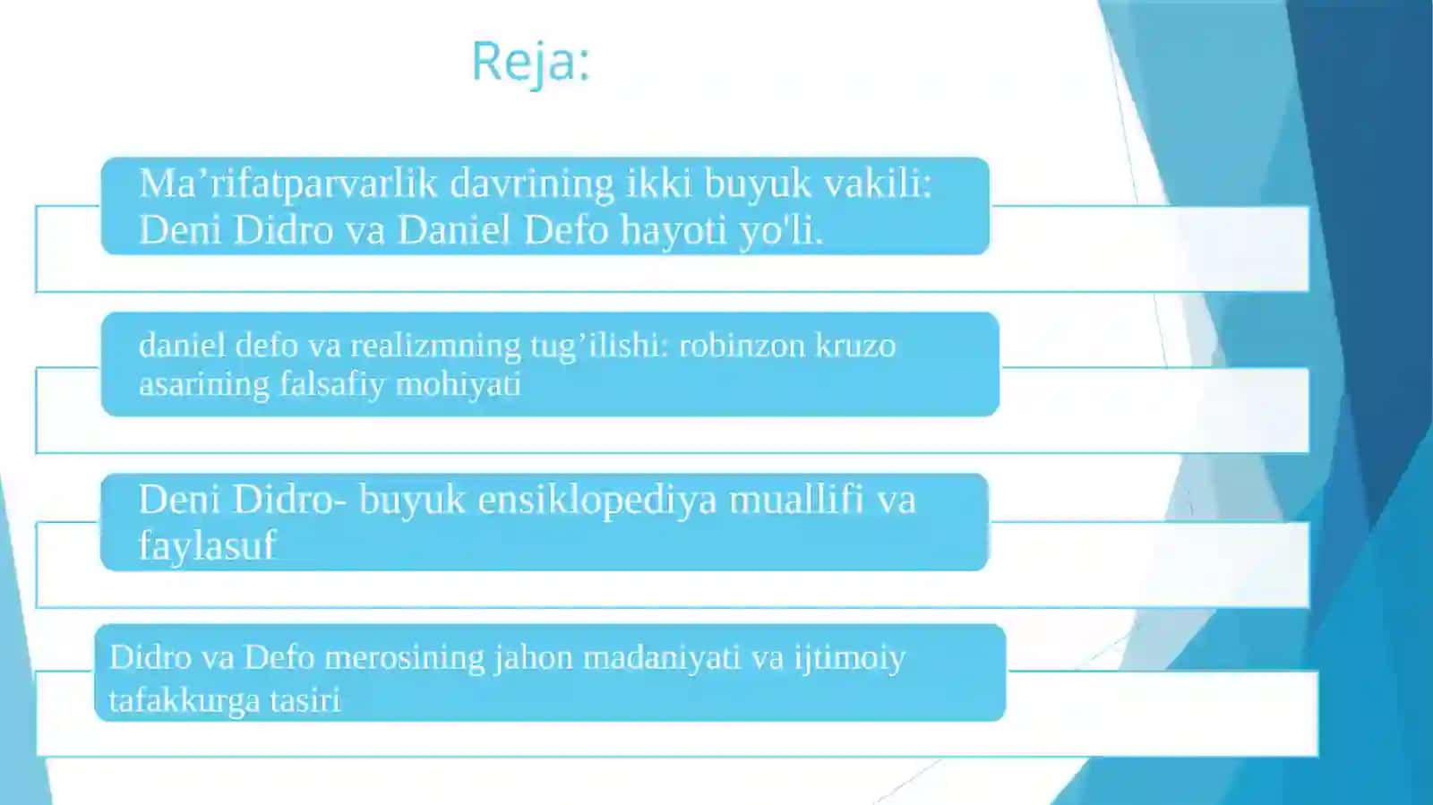 Deni Didro va Daniel Defo merosining jahon madaniyati rivojidagi o‘rni 2
