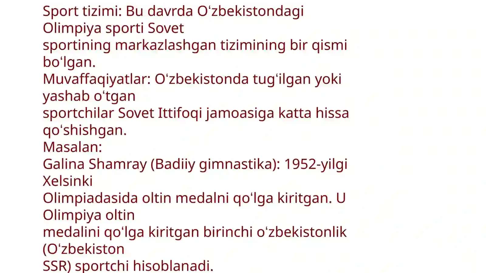 Oʻzbekistonsportchilarining 1952-1992 yillardagi Olimpiya oʻyinlaridaishtiroki 2