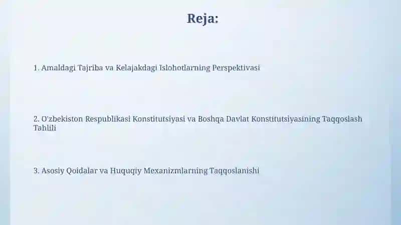 O'zbekiston Respublikasi Konstitutsiyasini boshqa davlat konstitutsiyasi bilan qiyosiy tahlil qilish 2