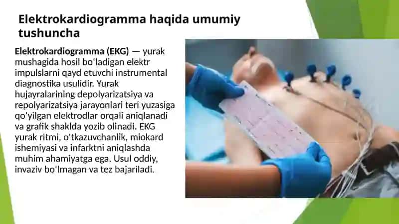 Elektrokardiogramma. EKG haqida tushuncha, maqsadlari va qayd qilish texnikasi. Elektrokardiograf apparatlarida ishlash, elektrodlarni to’g’ri ulash. Elektrokardiogrammani yozib olish 2