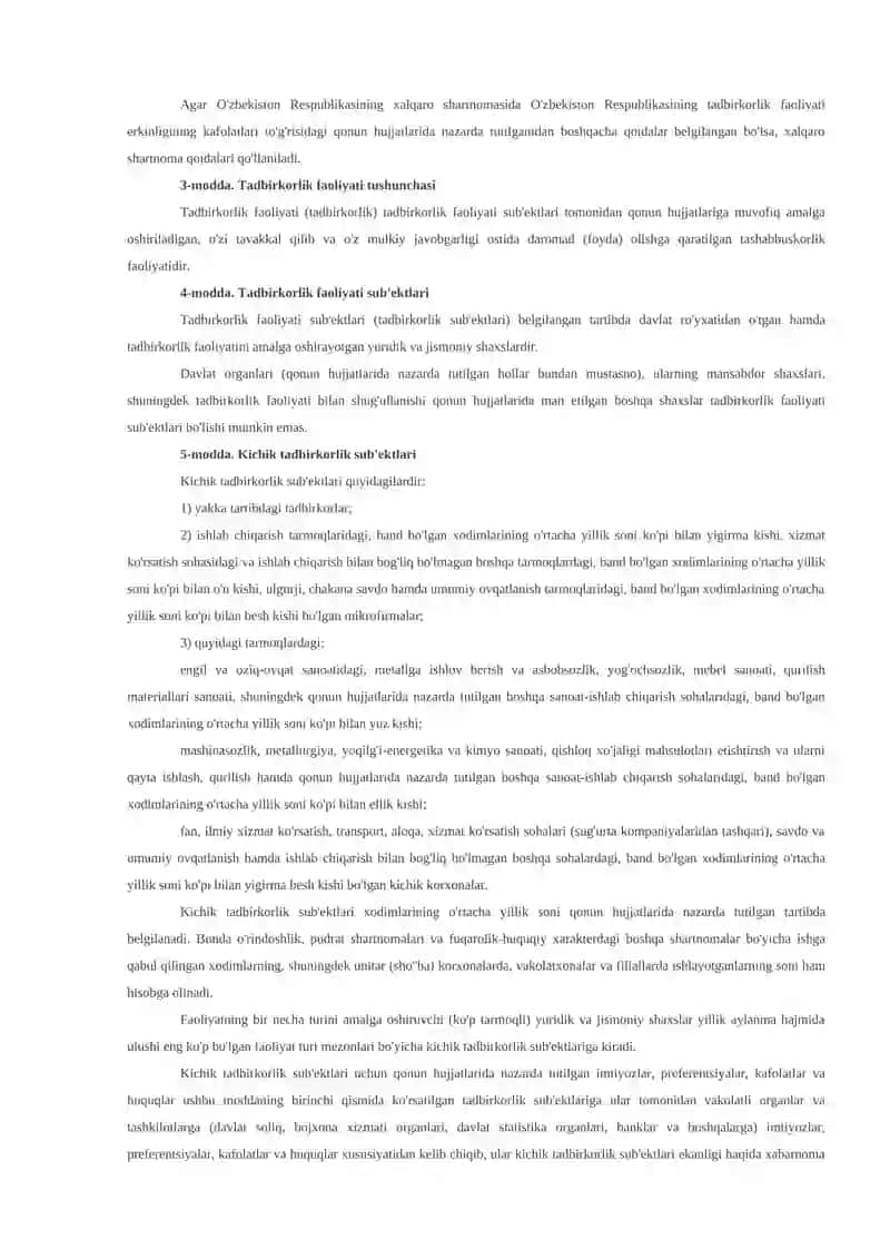 Tadbirkorlik faoliyati erkinligining kafolatlari to'g'risida 2