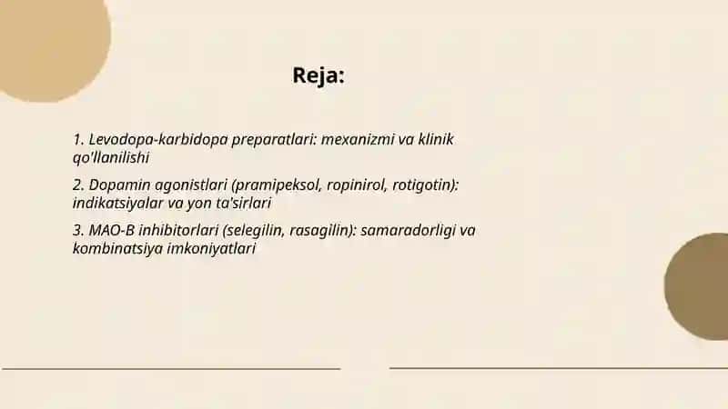 Parkinson kasalligini davolashda ishlatiladigan dori vositalari 2