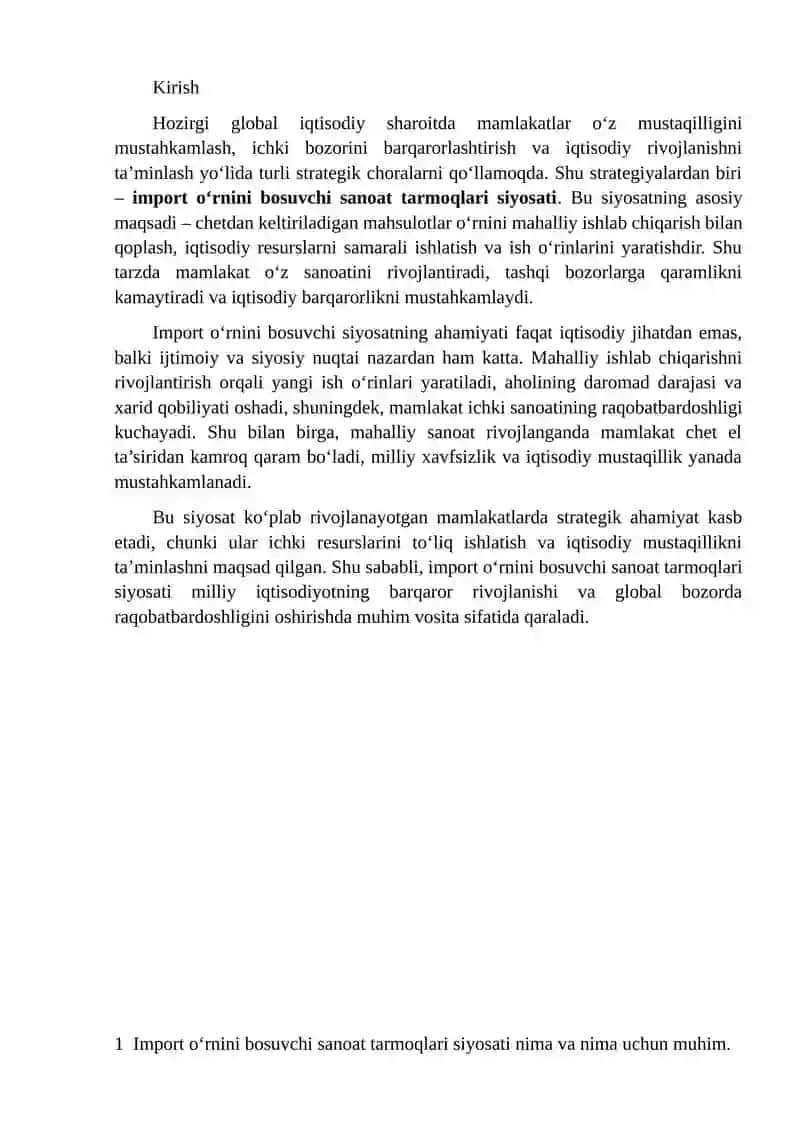Import o'rnini bosuvchi sanoat tarmoqlari siyosati 2