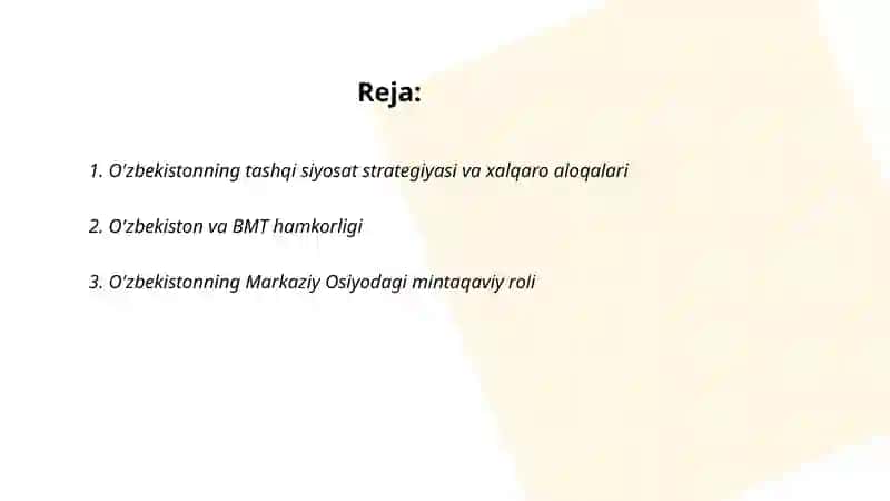 O'zbekistonning tashqi siyosat strategiyasi va xalqaro aloqalari 2