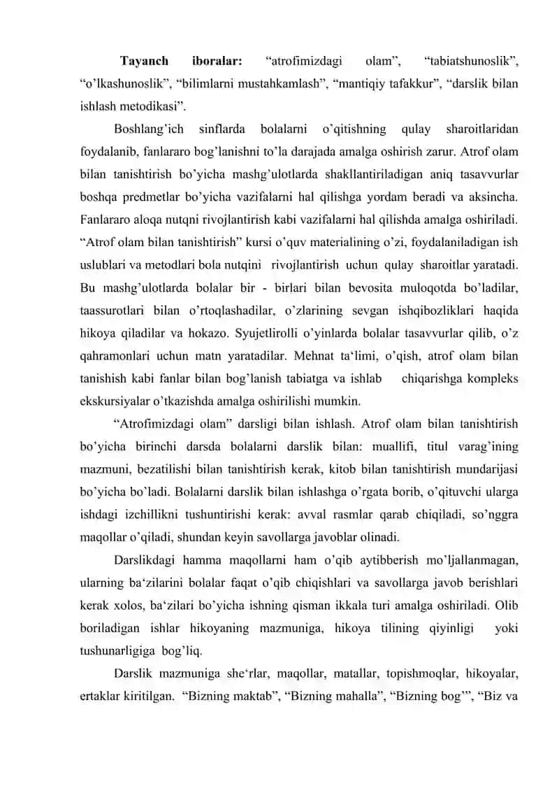 Boshlang'ich maktablarda tabiatshunoslik fanining mazmuni o'quv dasturining tahlili 2