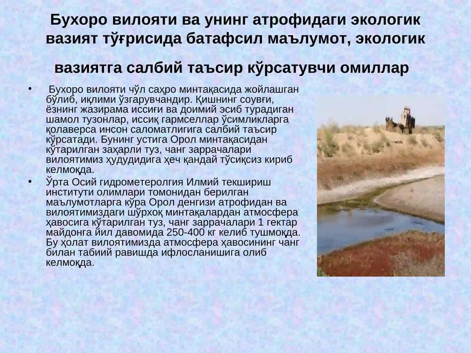 Бухоро вилояти ва унинг атрофидаги экологик вазият тўғрисида батафсил маълумот, экологик вазиятга салбий таъсир кўрсатувчи омиллар 2