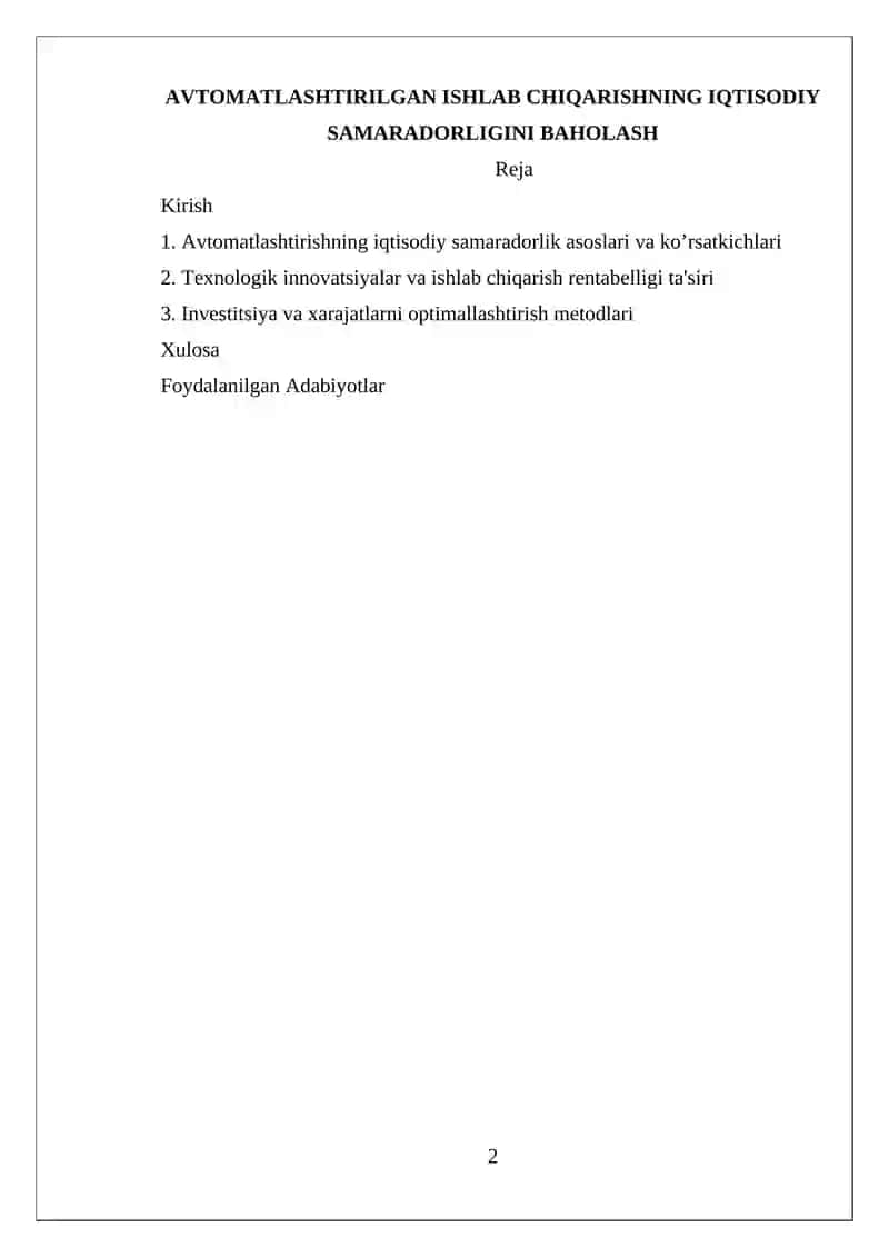 AVTOMATLASHTIRILGAN ISHLAB CHIQARISHNING IQTISODIY SAMARADORLIGINI BAHOLASH 2