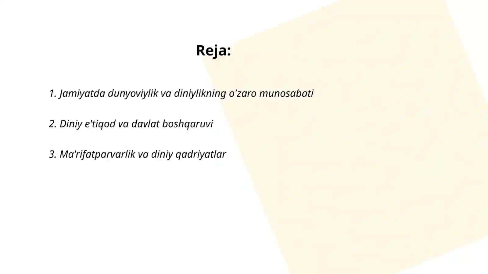 Jamiyat hayotidagi dunyoviylik va diniylik mutanosibligi 2