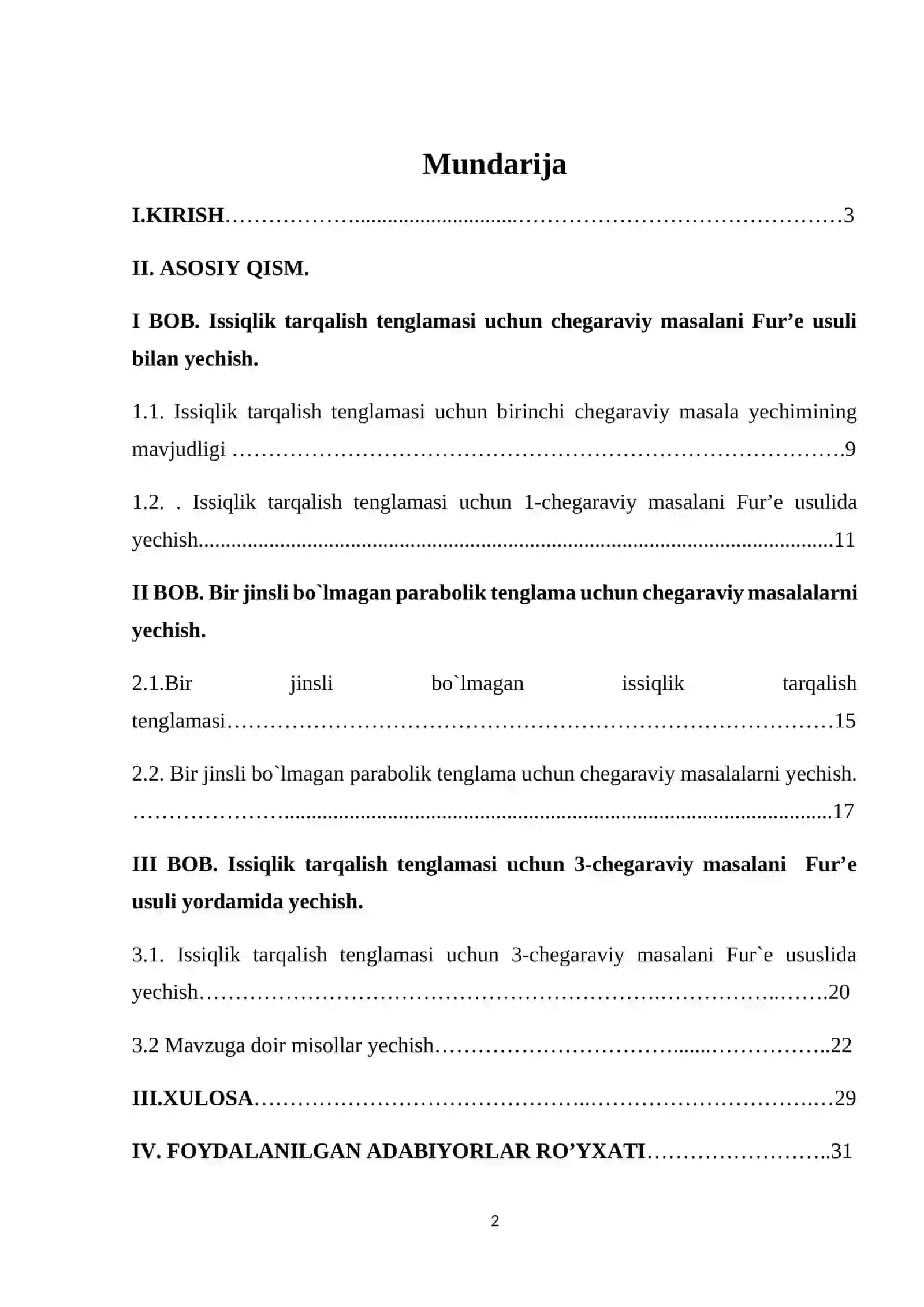 Issiqlik tarqalish tenglamasi uchun chegaraviy masalani Fur’e usuli bilan yechish. Bir jinsli bo`lmagan parabolik tenglama uchun chegaraviy masalalarni yechish. Issiqlik tarqalish tenglamasi uchun 3-chegaraviy masalani Fur’e usuli yordamida yechish 2