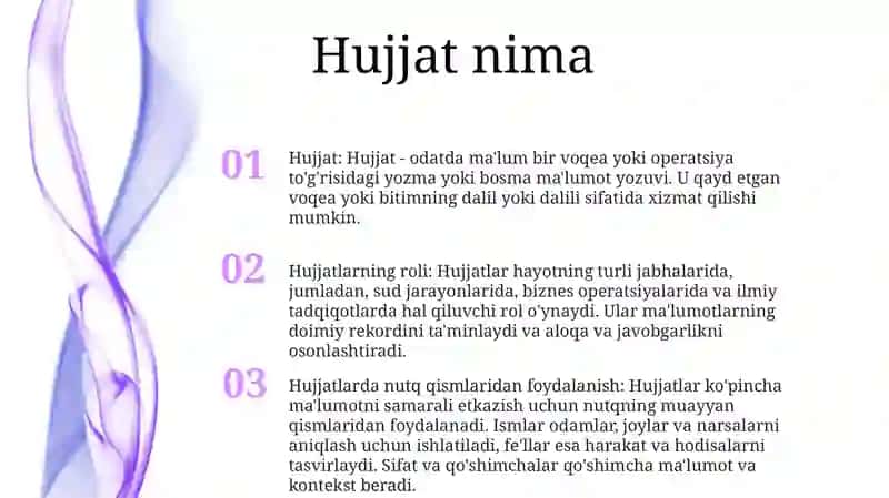 Hujjatlarning Vazifasi.Hujjatlarda SoʻZ Turkumlarining QoʻLlanilishi 2