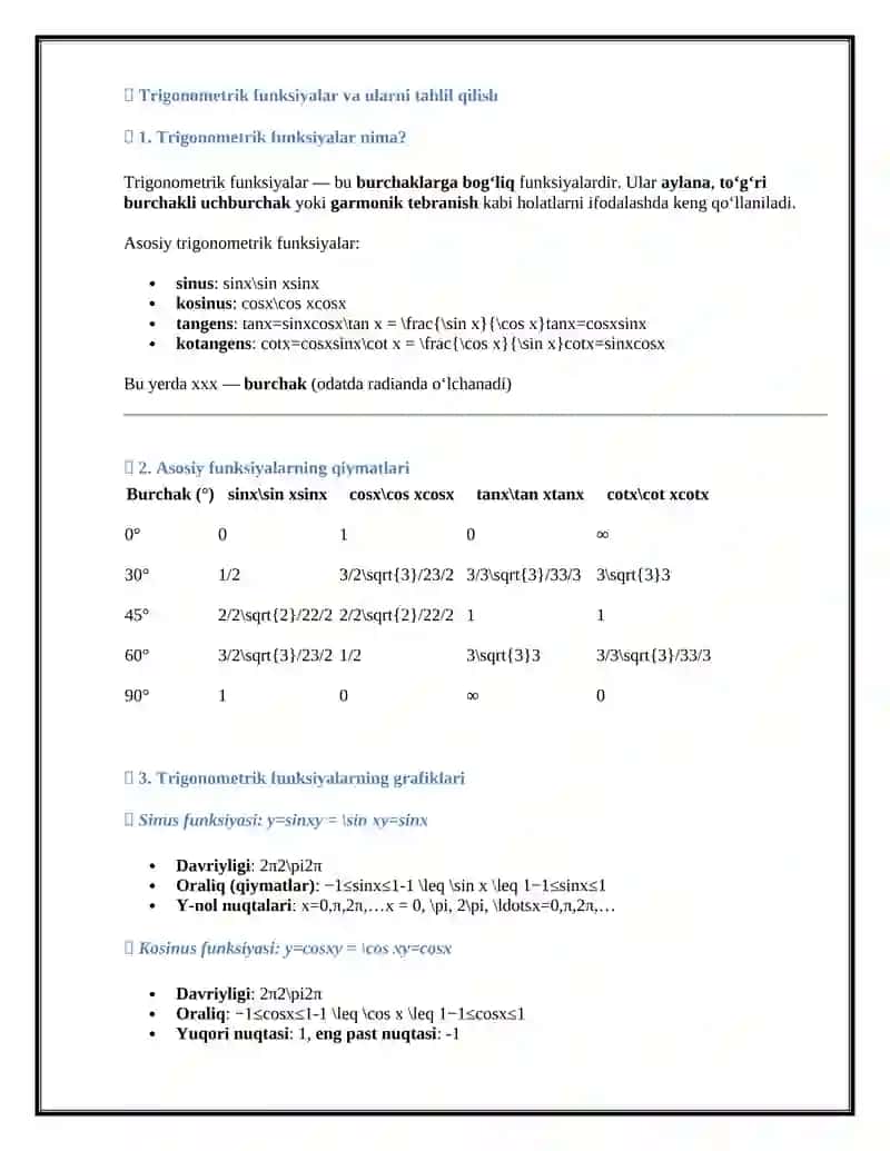 Trigonometrik funksiyalar va ularni tahlil qilish 2