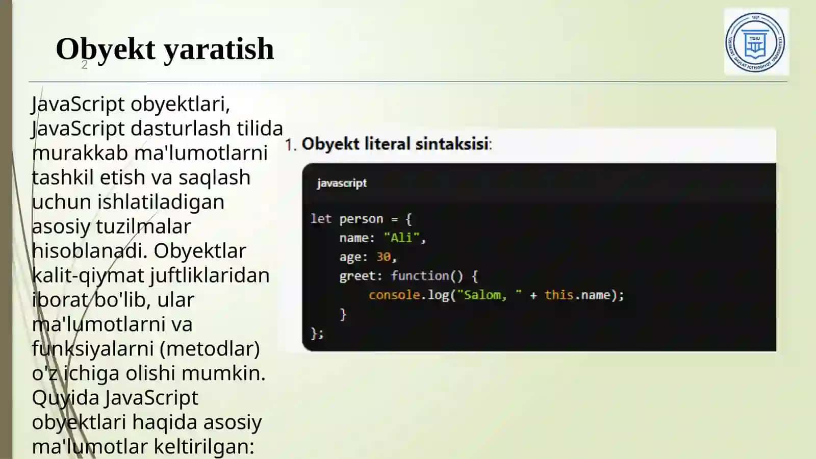 JavaScript obyektlari 2