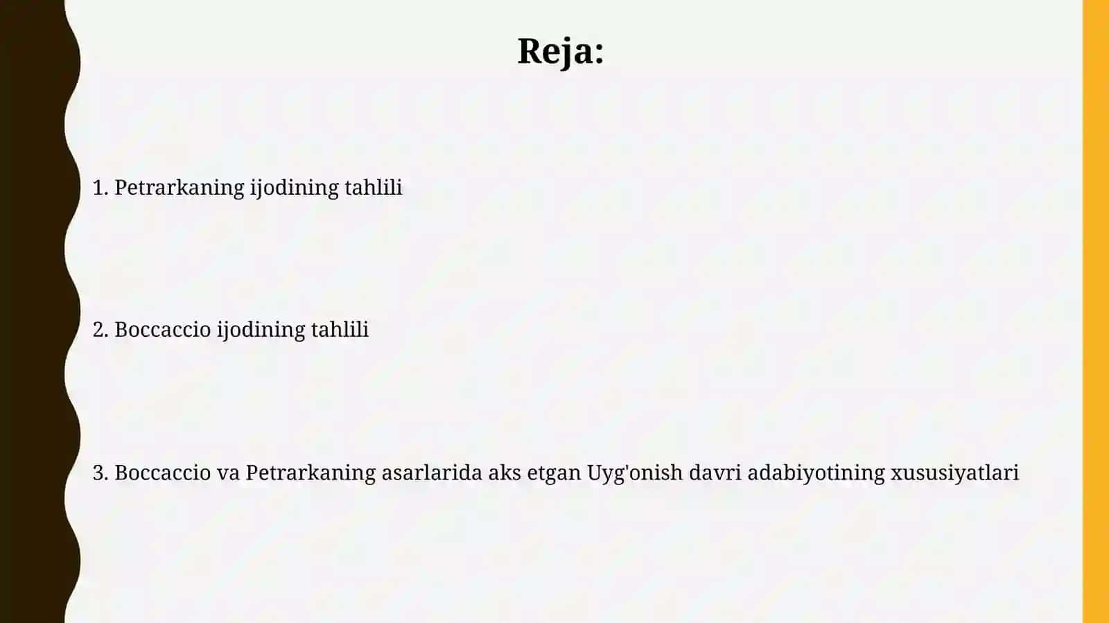 Italyan Uygʻonish adabiyotining oʻziga xos xususiyatlari: Bokachcho va Petrarka ijodi 2
