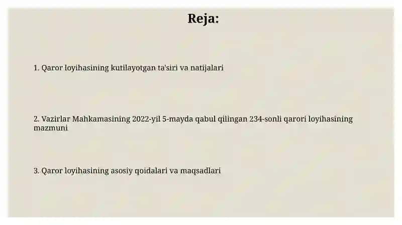 Vazirlar mahkamasining 2022-yil 5-maydagi 234-son qarori loyihasi 2