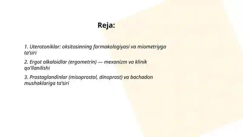 Miometriyga ta'sir etuvchi dori vositalari va Narkoz vositalari 2