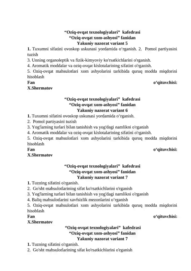 Oziq-ovqat xom-ashyosi fanidan Yakuniy nazorat variant 1 2