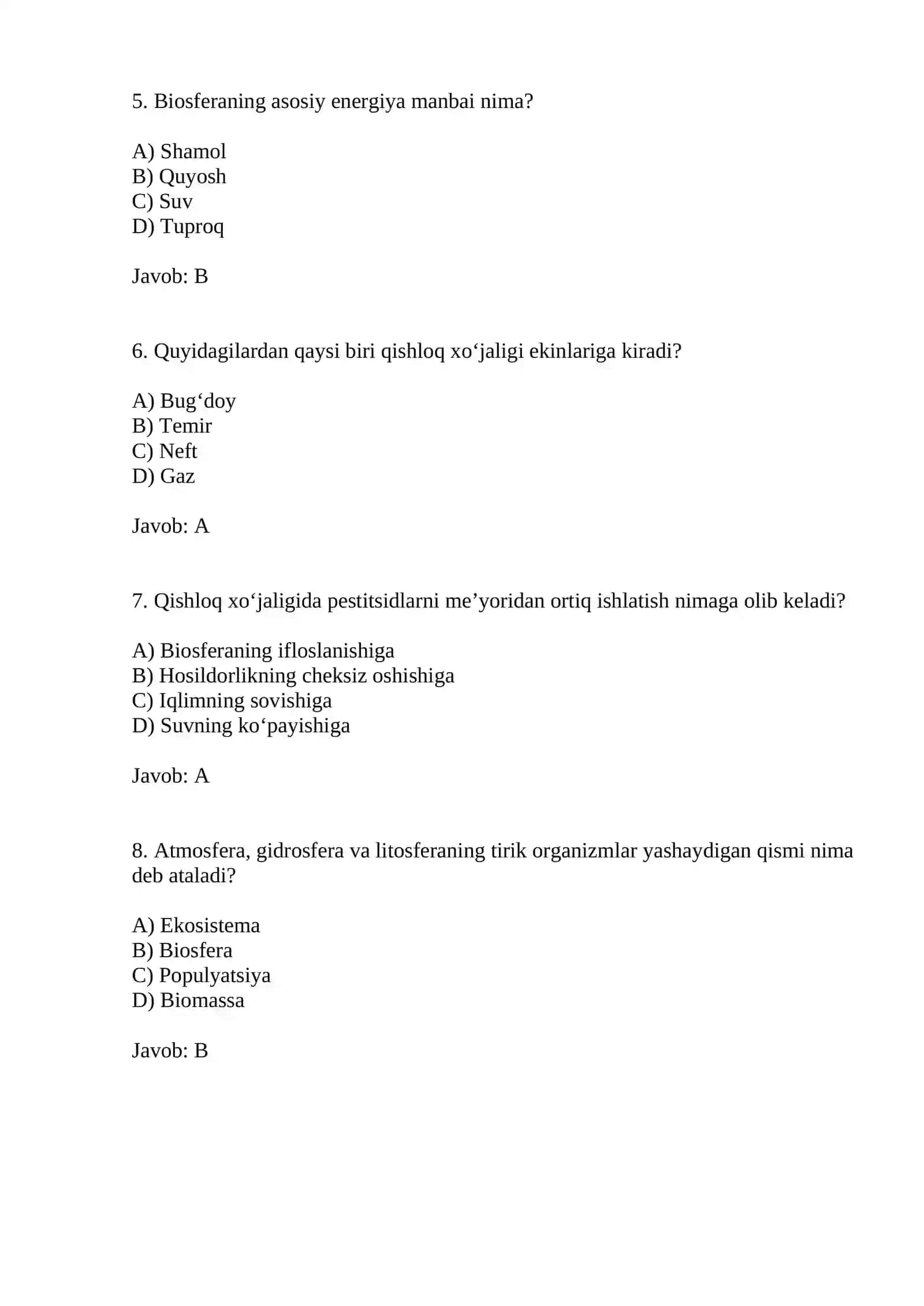 Qishloq xo‘jaligi va biosfera mavzusida 10 ta test 2