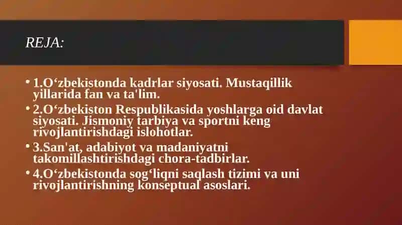 Mustaqillik yillarida O‘zbekistonda fan, ta'lim,  sport, san'at, adabiyot va sog‘liqni saqlash tizimi rivoji 2