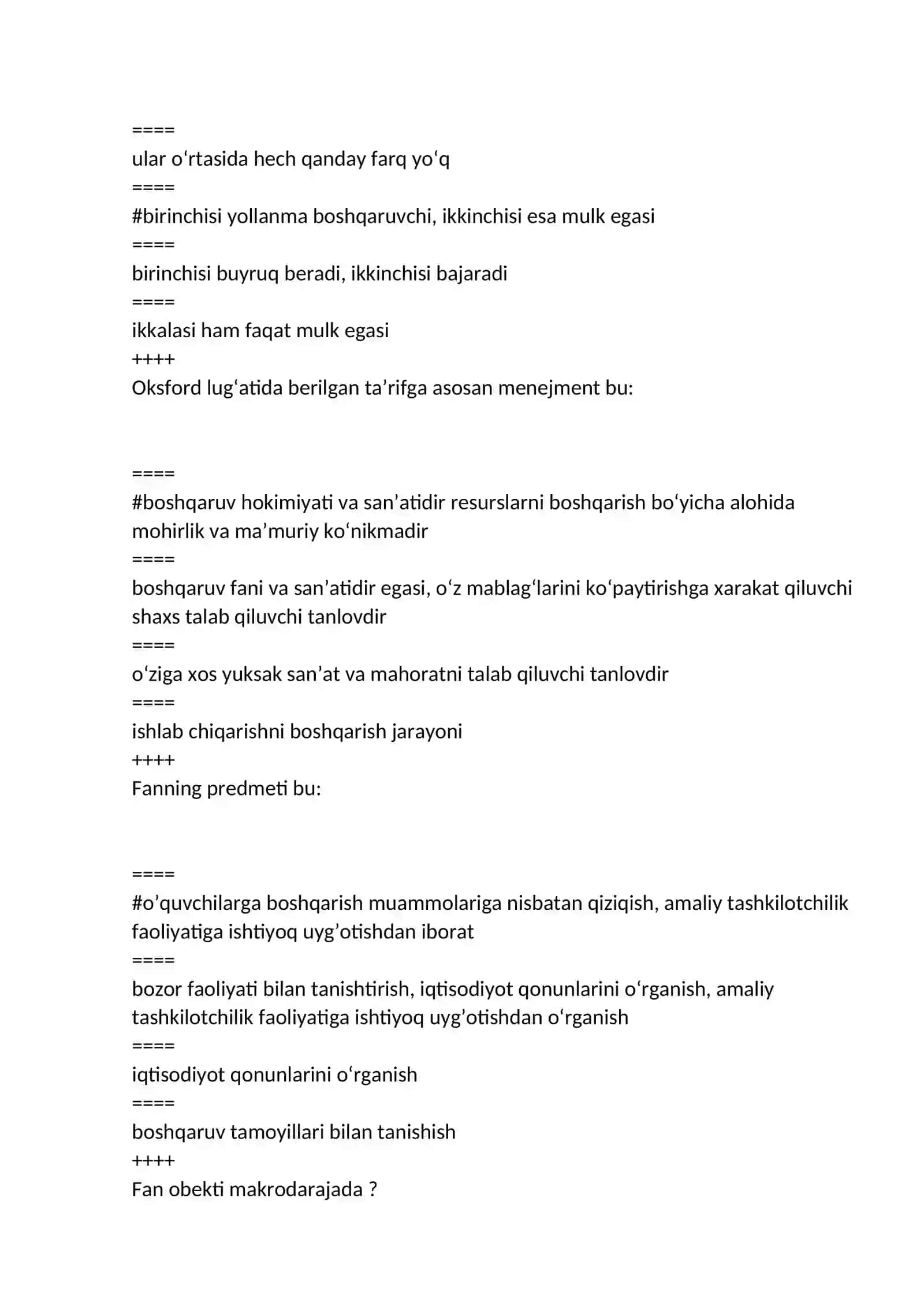 biznesda boshqaruv hisobi fanidan yakuniy savollari testlari 2