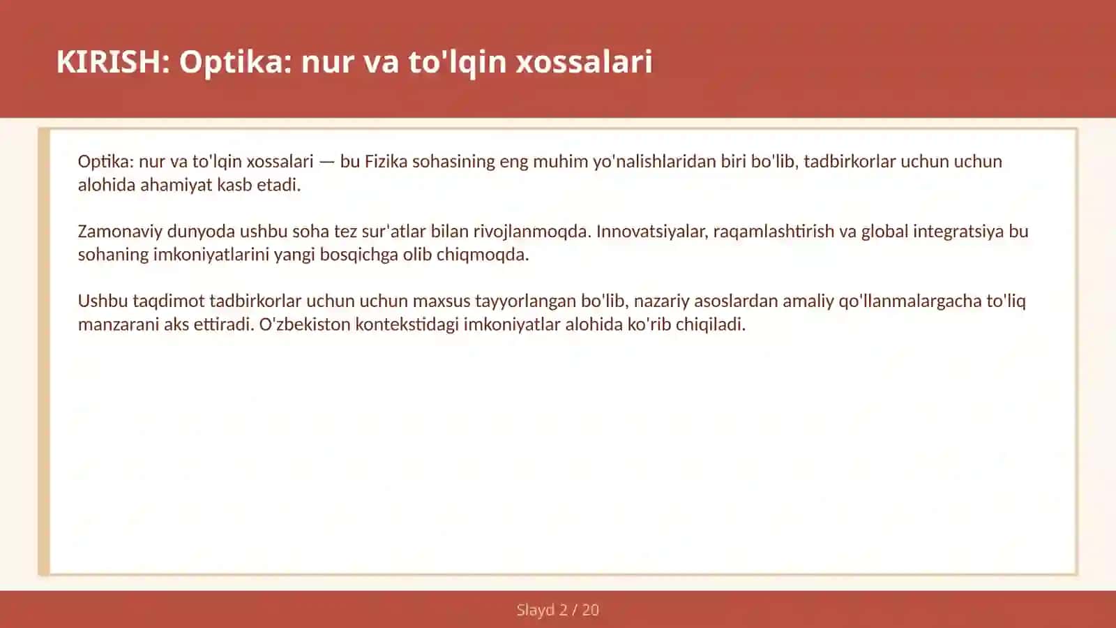 Optika: nur va to'lqin xossalari 2