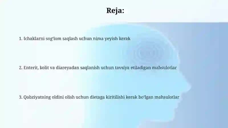 Enterit va kolit ich ketishi ich qotishiga chalinmaslig uchun nima yeyish kerak 2