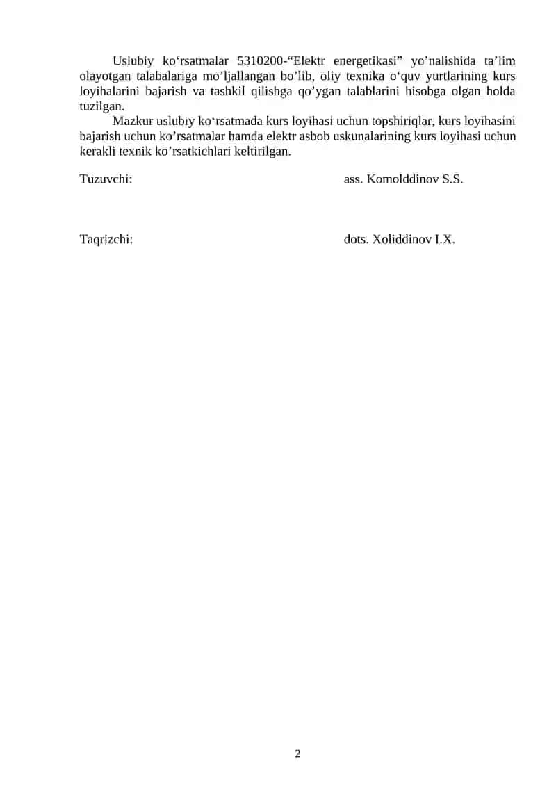 "Elektr tarmoqlari va tizimlari" 2
