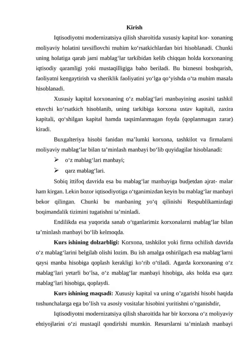 Xususiy kapital va undagi o’zgarishlar to’g’risidagi hisobotni tayyorlash 2