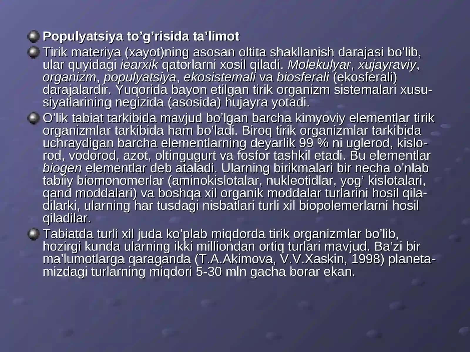 POPULYATSIYALARNING UMUMIY TASNIFI 2