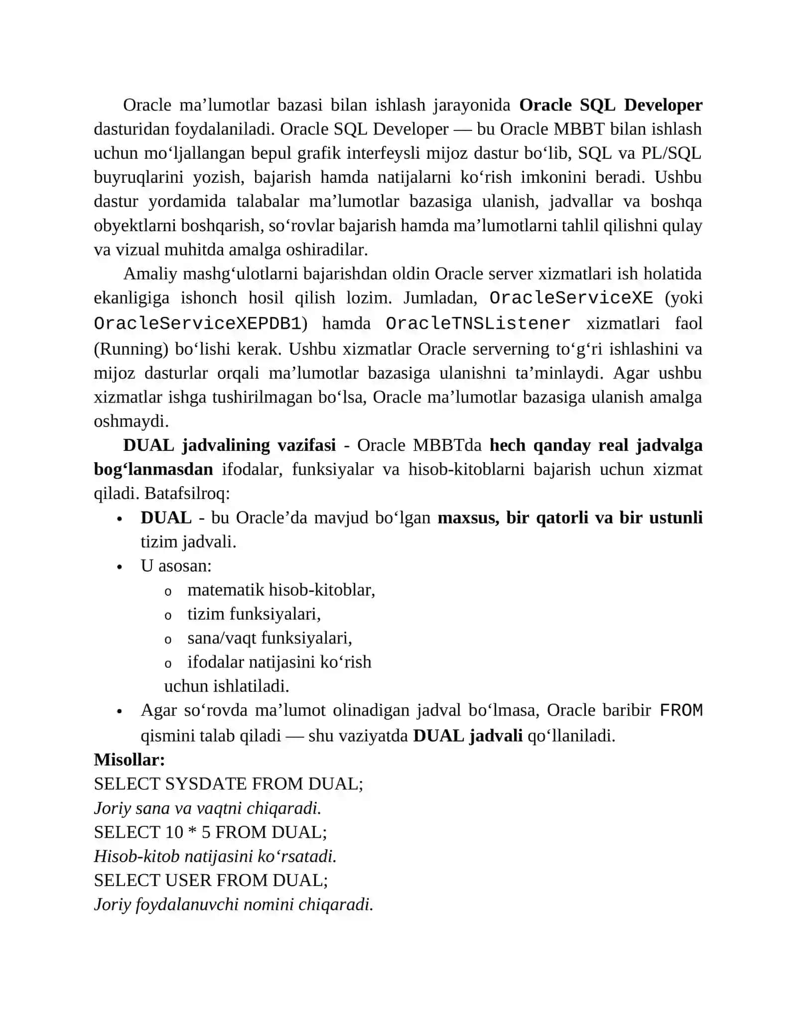Oracle (PostgreSQL, Microsoft SQL Server yoki MySQL) MBBTni o‘rnatish va sozlash, qo‘shimcha ma’lumotlar bazasi dasturlarini o‘rnatish va sozlash 2