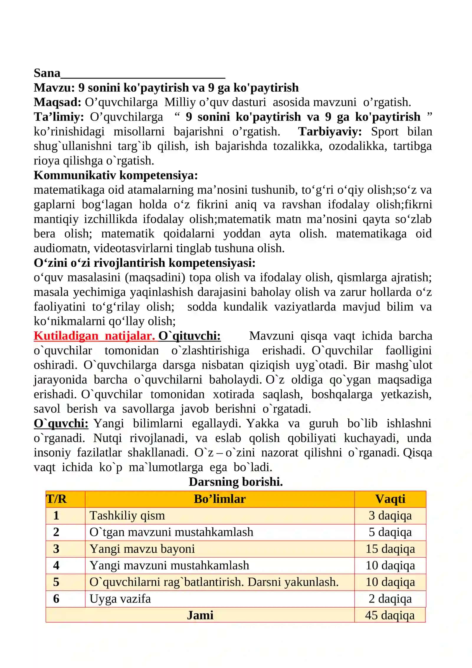 9 sonini ko'paytirish va 9 ga ko'paytirish mavzusida 2-sinf matematika fanidan dars ishlanmasi 2