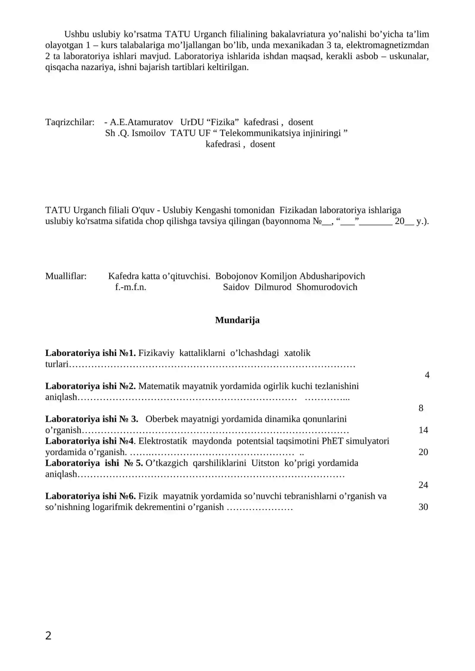Laboratoriya ishlari ko'rsatmasi 2
