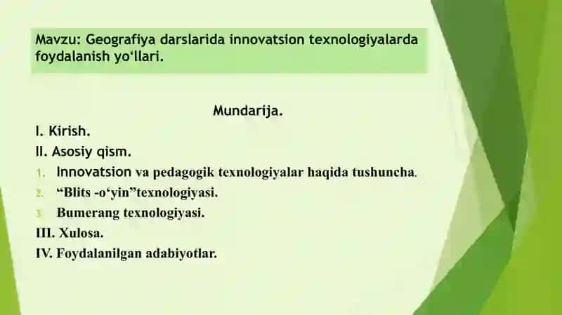 Taqdimot. Geografiya darslarida innovatsion texnologiyalarda foydalanish yoʻllari. 2