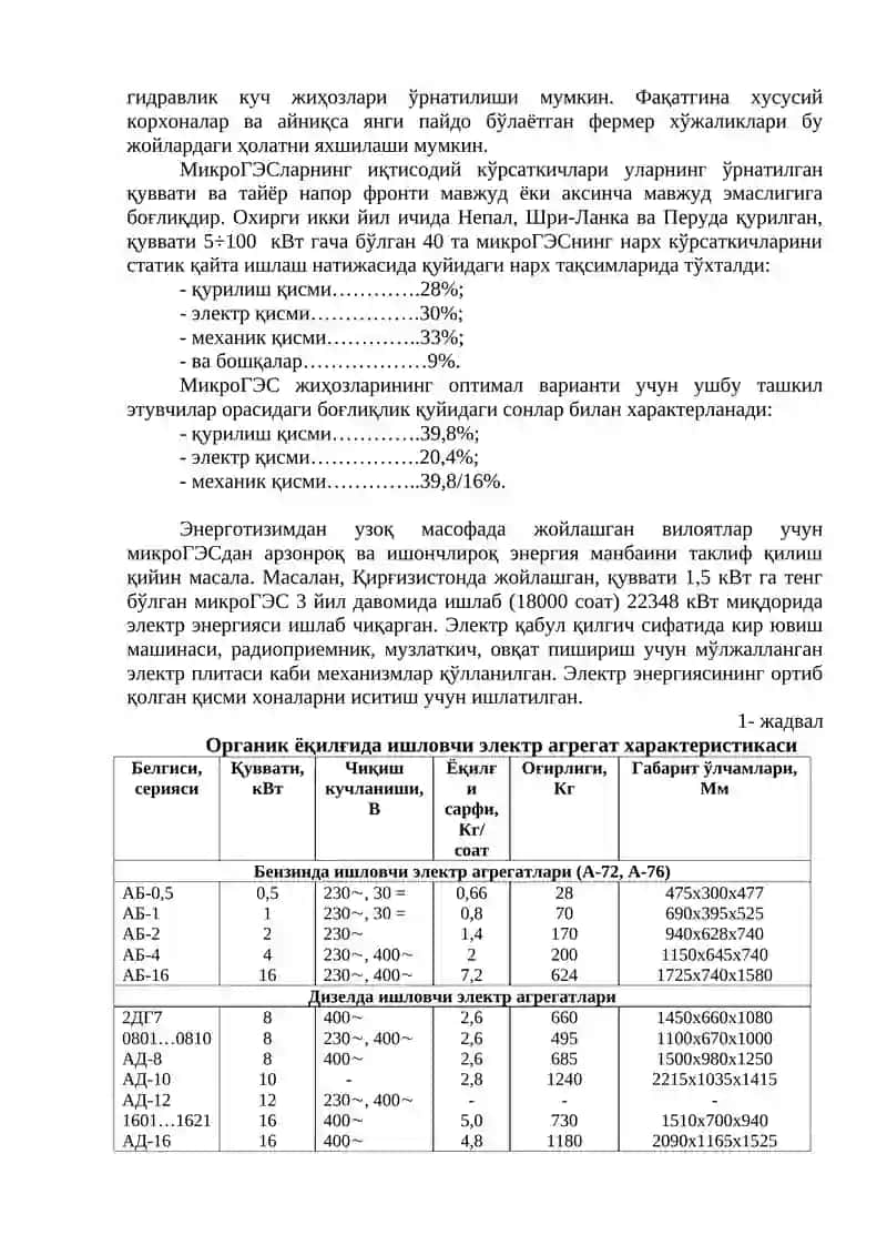 МикроГЭС қурилишининг молиявий шароитлари ва уларнинг нарх кўрсаткичлари 2