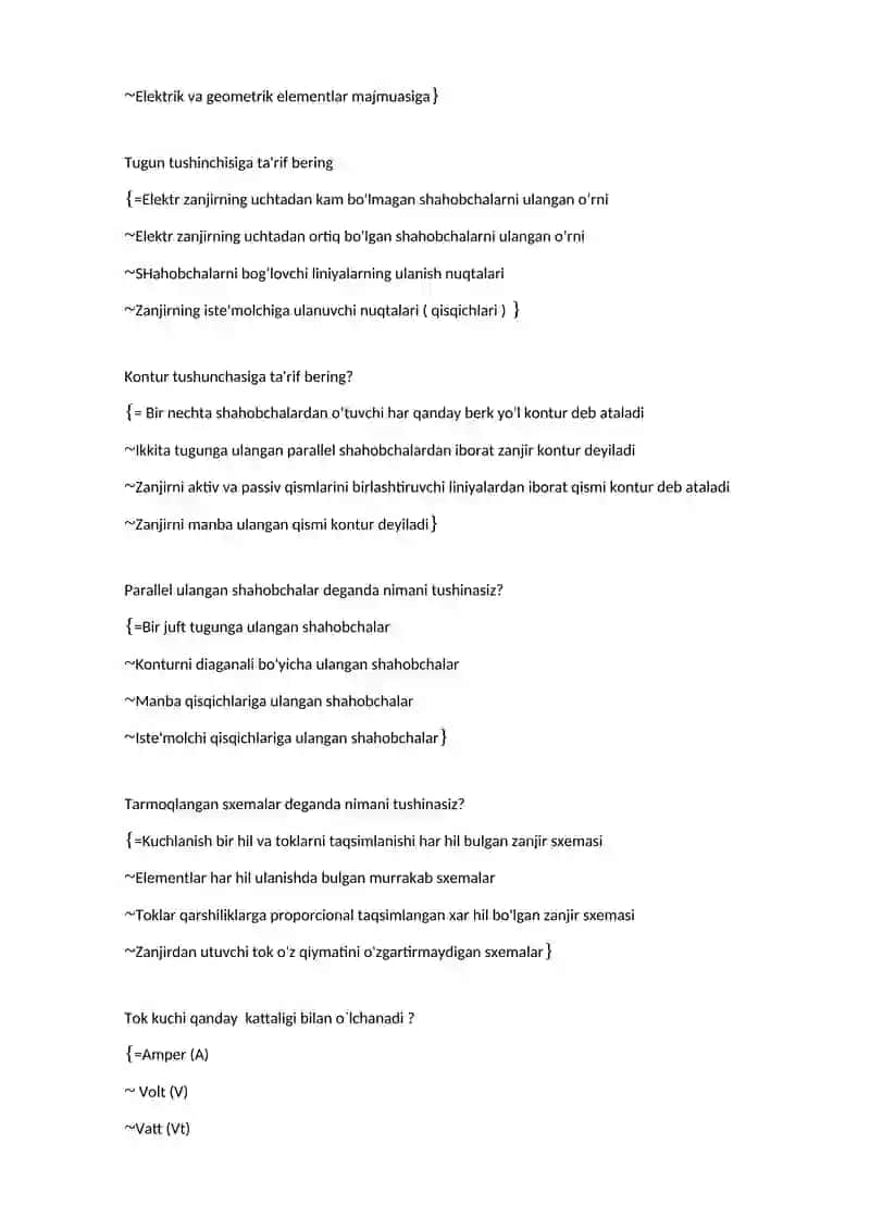 Elеktrotеxnika va elеktronika FANIDAN TESTLAR 2