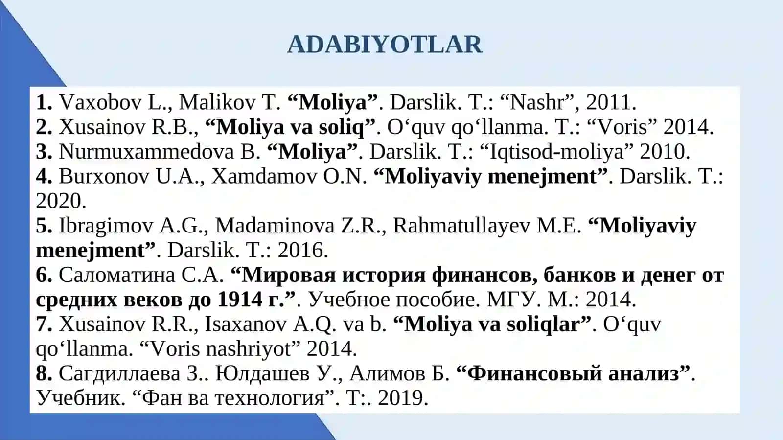 “Moliya, Soliq va Soliqqa Tortish, Kredit Munosabatlari”Fani Sillabusi 2