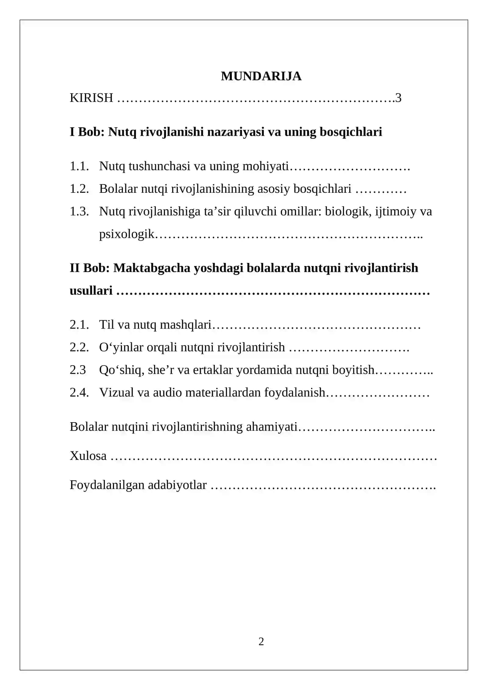 Maktabgacha yoshdagi bolalar nutqini o‘stirishning ahamiyati. Kurs ishi 2