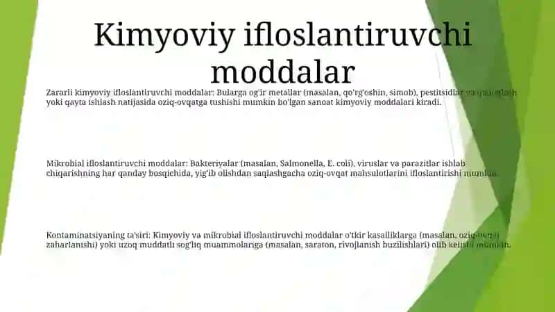 Ozuqa Xom Ashyosi Va Oziq -Ovqat Mahsulotlarining Asosiy Kimyoviy Va Mikrobiologik Ifloslantiruvchilar 2