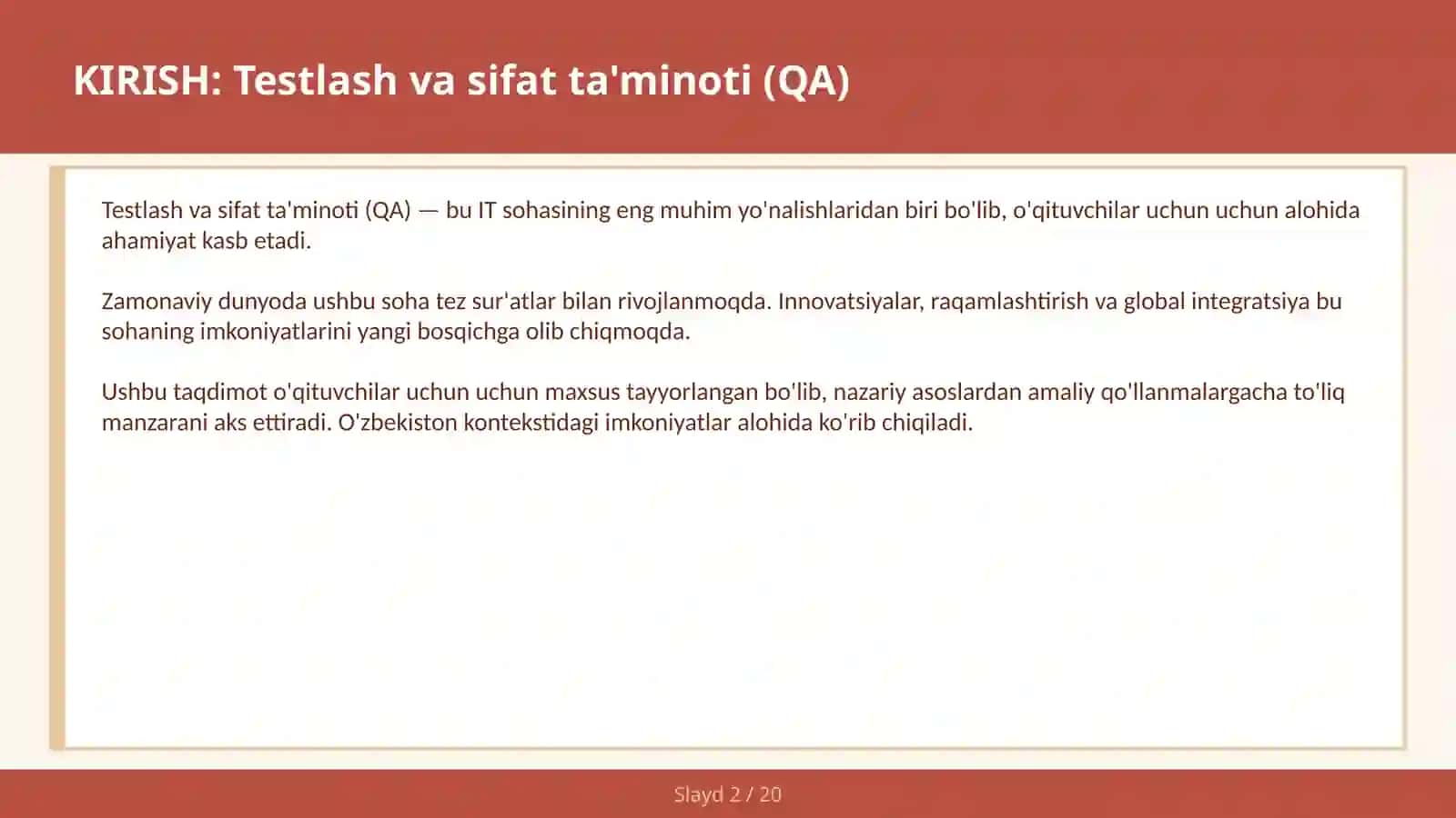 Testlash va sifat ta'minoti (QA) 2