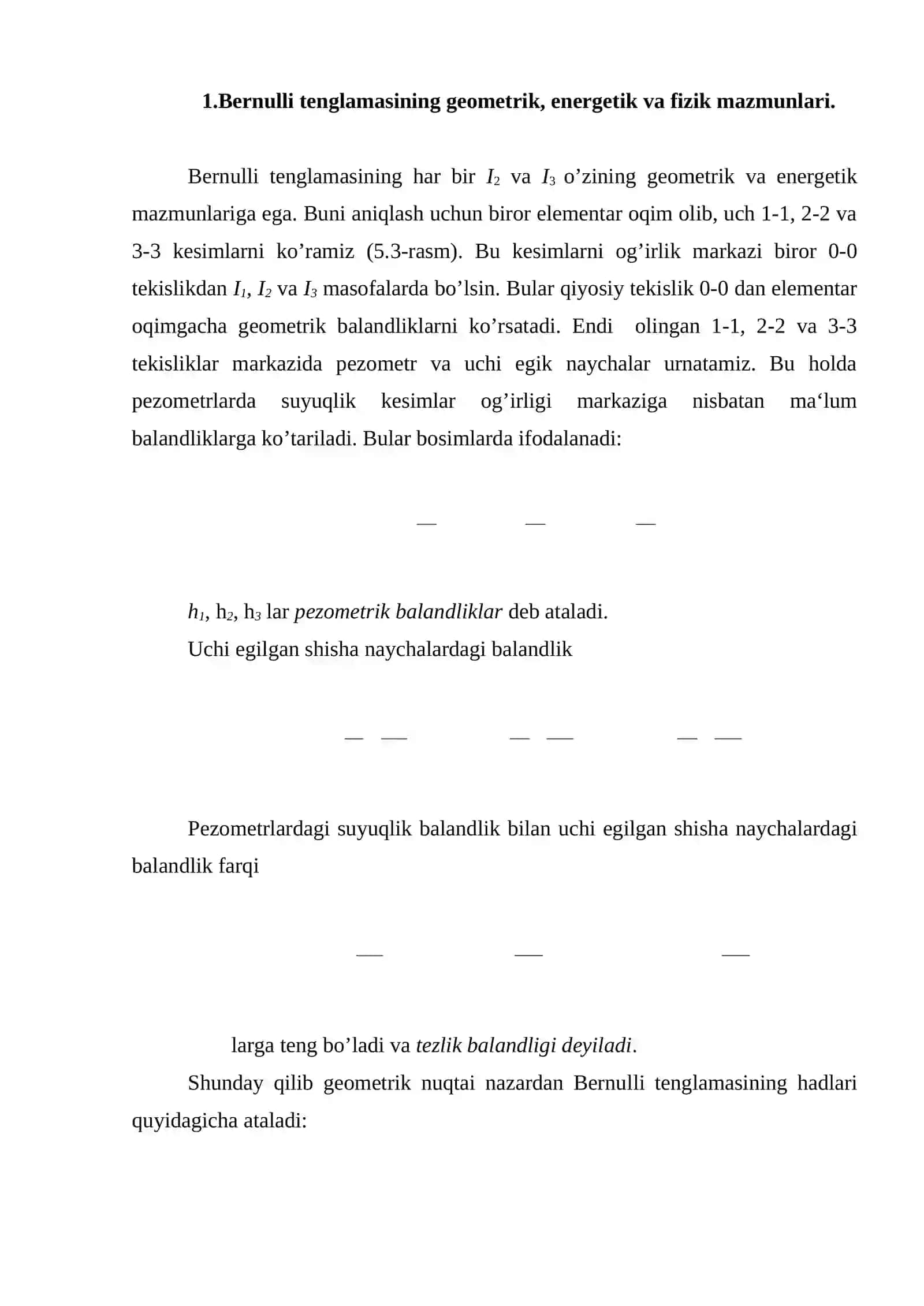 Bernulli tenglamasining geometrik, energetik va fizik mazmunlari 2
