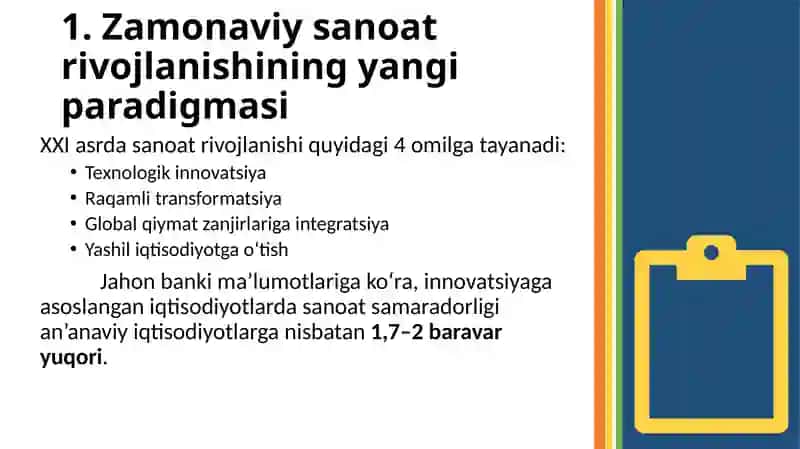 SANOATNI RIVOJLANTIRISHNING INNOVATSION VA GLOBAL YO‘NALISHLARI 2