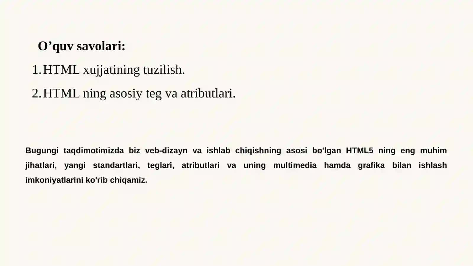 3-Mavzu. HTML5 yangi standartlari, teglar va atributlar, audio, video va grafika bilan ishlash 2