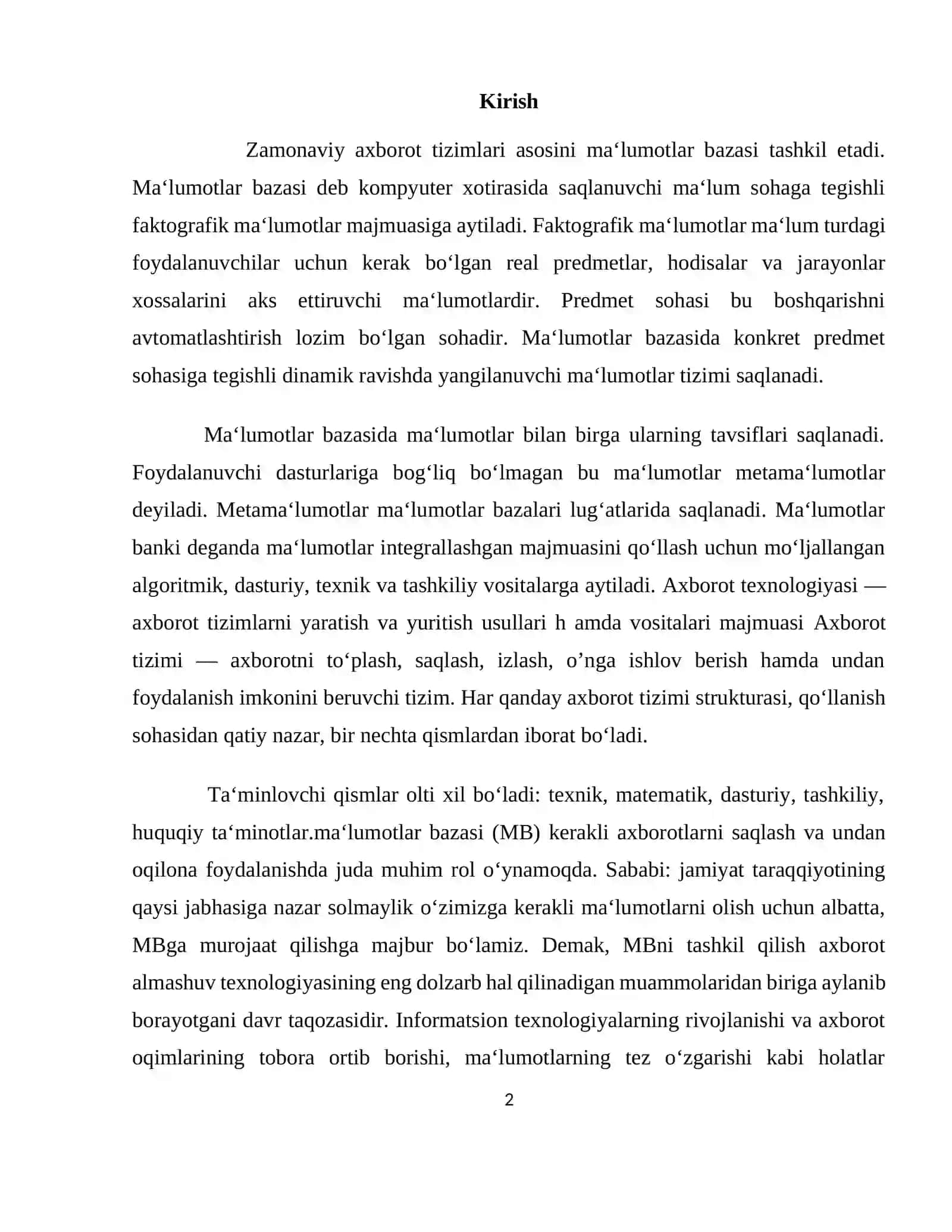 MA’LUMOTLAR BAZASI BOSHQARUV TIZIMLARI VA DASTURIY VOSITALAR 2