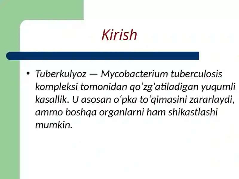 Tuberkulyoz etiologiyasi va mikobakteriyaning dorilarga chidamlilik turlari 2