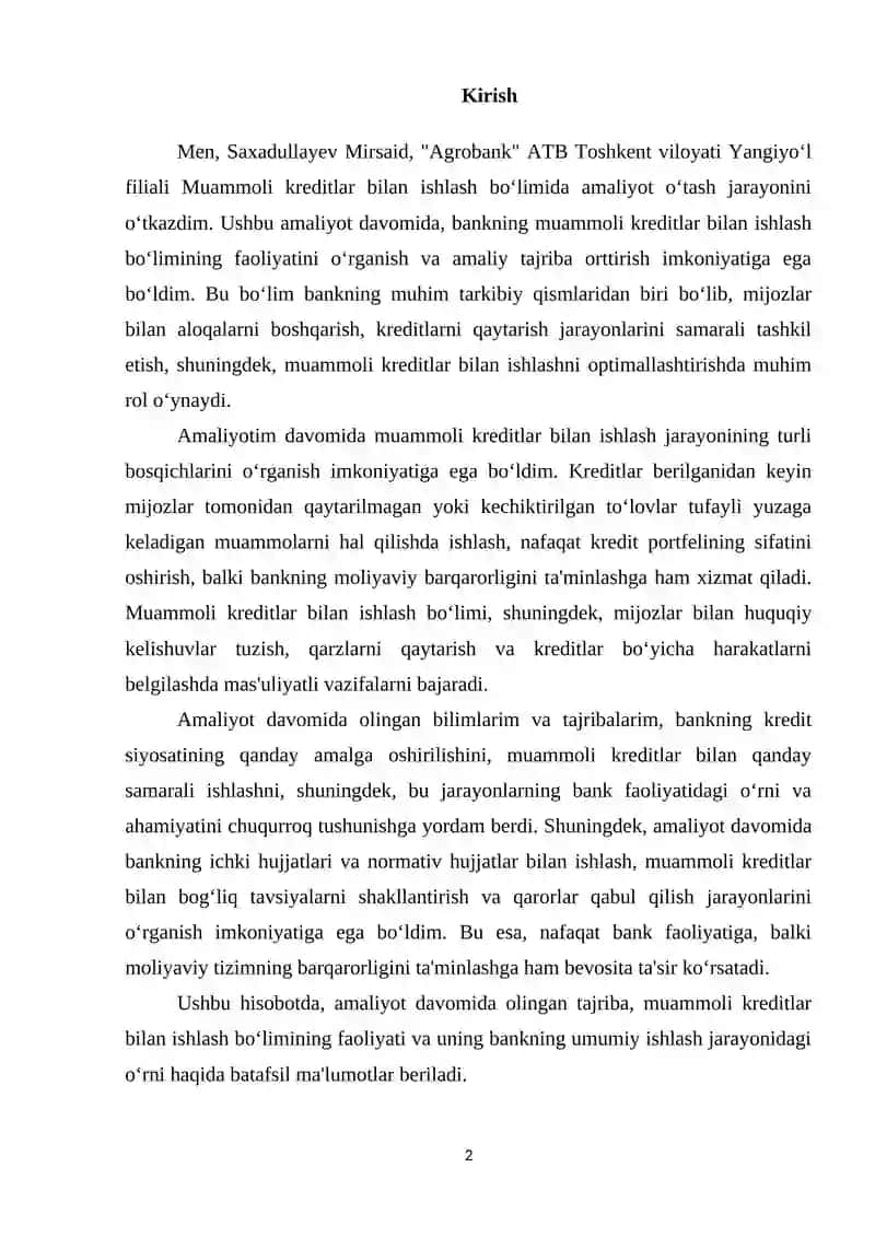 “Agrobank” ATBning “Muammoli kreditlar bilan ishlash” bo’limi faoliyati 2