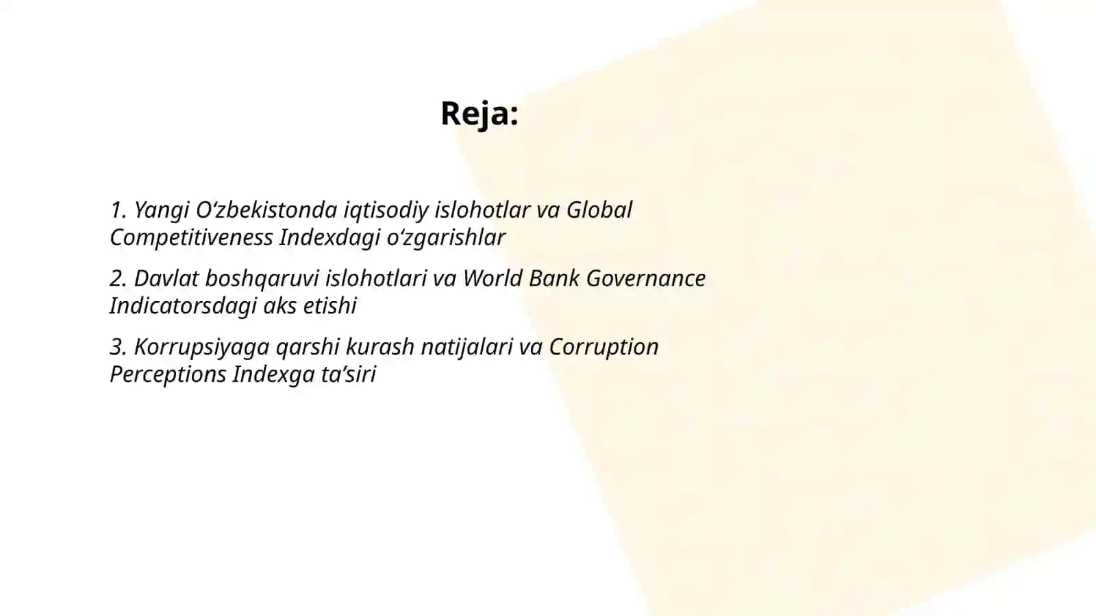 Yangi Oʻzbekiston ijtimoiy siyosiy iqtisodiyotida roʻy berayotgan oʻzgarishlarning xalqaro reyting indekslarda aks etishi 2