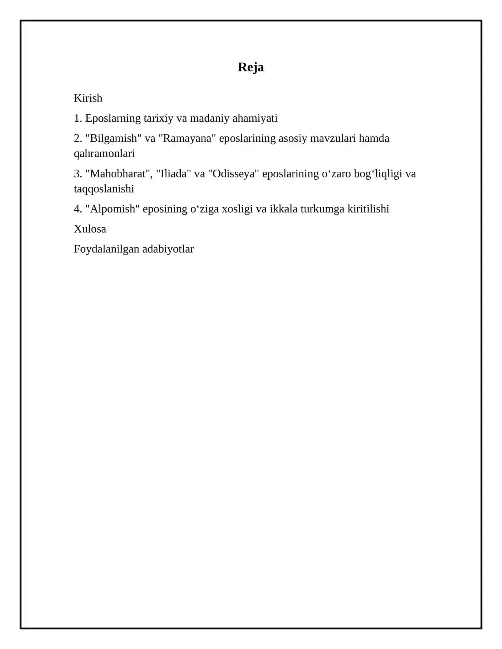 "Bilgamish", "Ramayana", "Mahobharat", "Iliada", "Odisseya", "Alpomish" eposlari 2