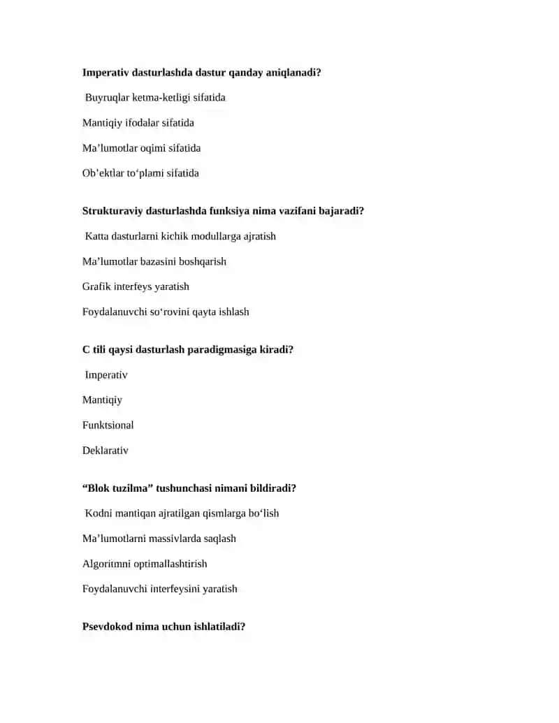 Dasturlash usullari va paradigmalar fanidan test savollari 2