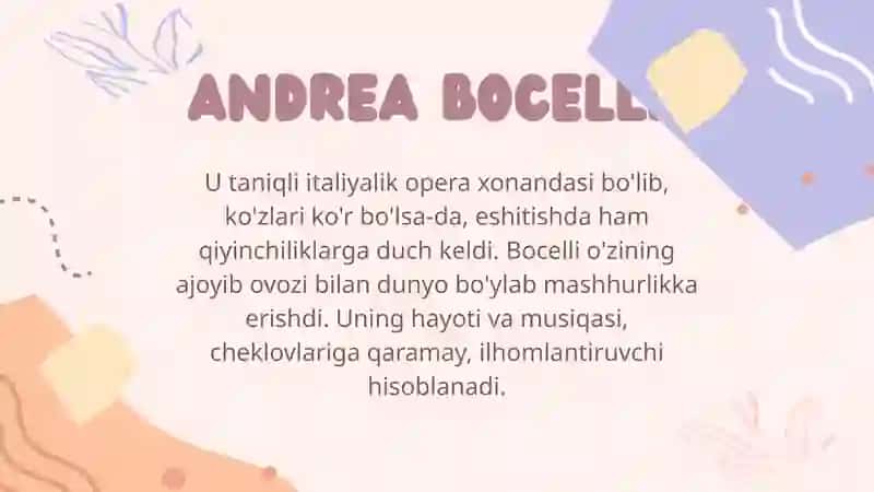 Aiopva zumradning Maxsus pedagogika fanidan “eshitishda nuqsoni bor mashxurlar” mavzusida tayyorlagan taqdimoti 2